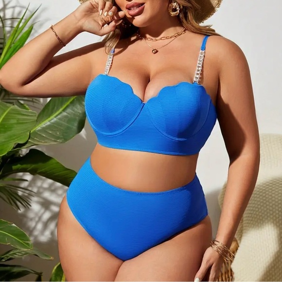 Plus Size Blue Scallop Push Up High Waisted Bikini Set - Picture 3 of 10